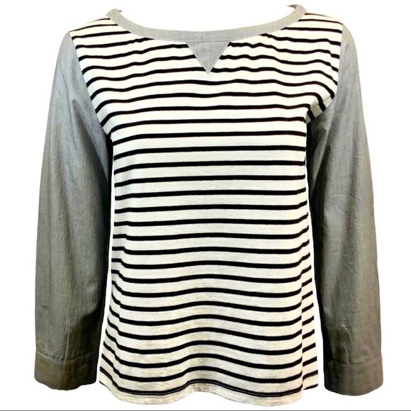 ANTHROPOLOGIE POSTCODE STRIPED LONG SLEEVE BOATNECK TOP POPLIN JERSEY SIZE XS - Picture 1 of 8